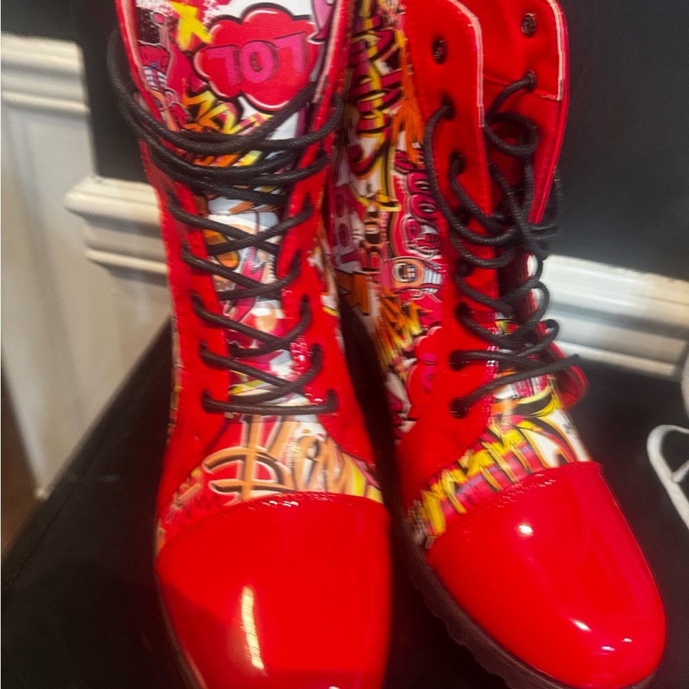 Ashley Blue Red Graphic Combat Boots - Picture 2 of 8